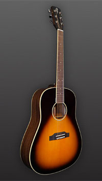 You&grave;s, sunburst finished acoustic guitar in Round Shoulder Dreadnought shape solid spruce top and back and sides made of solid mahogany