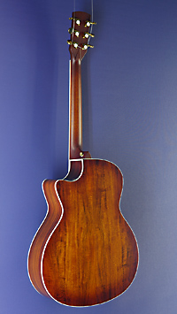 You&grave;s, glossy finished Acoustic Guitar in Grand Auditorium shape with solid koa top and koa on back and sides, with pickup, back view