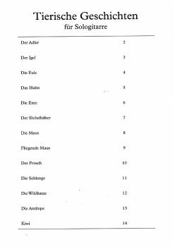 Preview: Felger, Jens: Tierische Geschichten, 13 leichte Stücke für Gitarre solo, Noten Inhalt