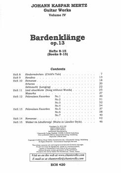 Preview: Mertz, Johann Kaspar: Guitar Works Vol. 4, Bardenklänge Hefte 8-15, Edition Simon Wynberg Inhalt