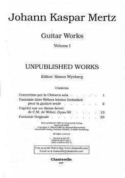 Preview: Mertz, Johann, Kaspar: Guitar Works Vol.1, Unpublished Works, Edition Simon Wynber,; Noten für Gitarre solo Inhalt