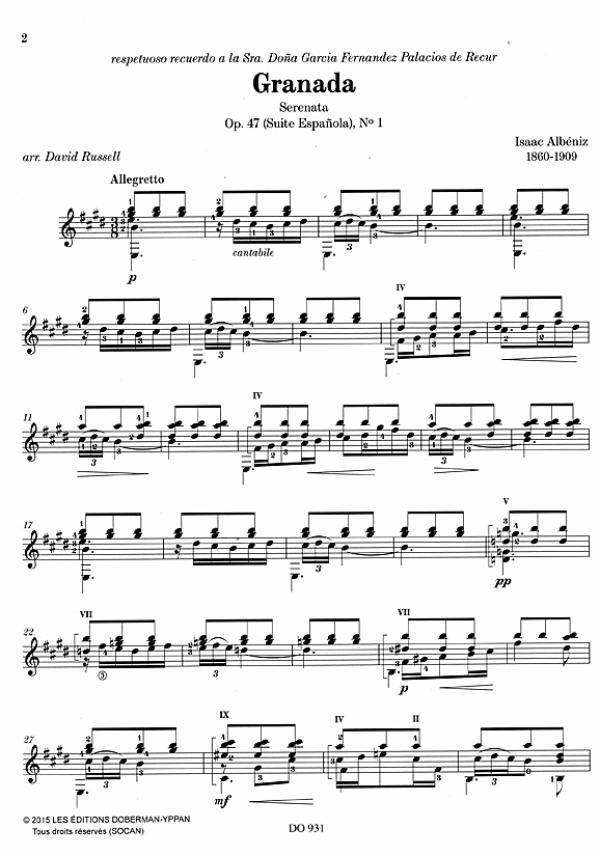 Albeniz, Isaac: The Music of Albeniz Vol.1, op. 47 Suite Espanola für Gitarre solo bearbeitet von David Russel, Noten Beispiel