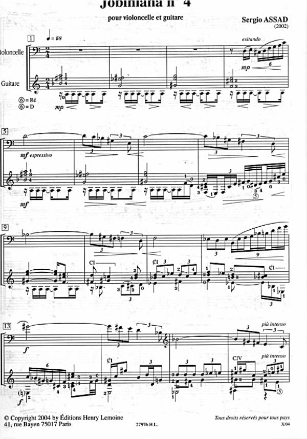 Assad, Sergio: Jobiniana No. 4 for Cello and Guitar, sheet music sample