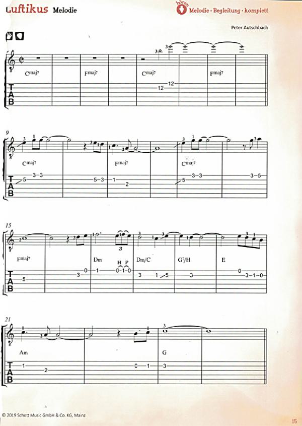 Autschbach, Peter: Das Songbuch von Zacky & Bob, 15 Vorspielstücke für Gitarre, Noten und Tabulatur Beispiel