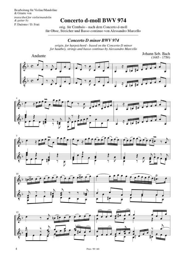 Bach, Johann Sebastian: Concierto d-moll, BWV 974 nach Marcello für Violine/ Mandoline und Gitarre, Noten Beispiel