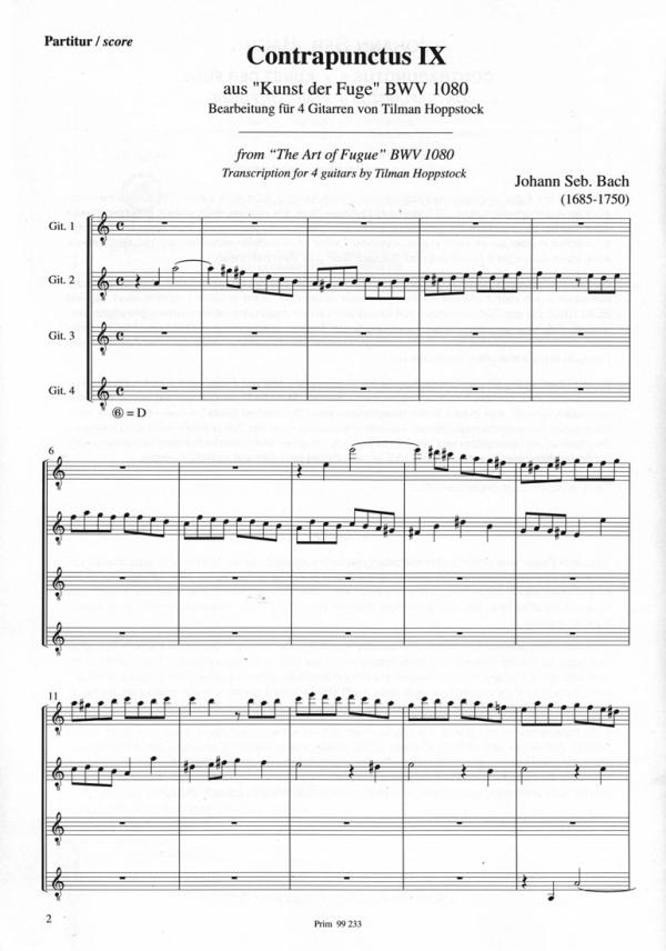 Bach, Johann Sebastian: Contrapunctus No. 9 from The Art of Fugue for guitar quartet or guitar orchestra, sheet music sample