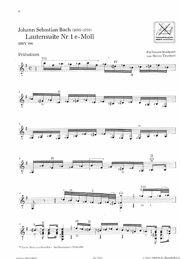 Bach, Johann Sebastian: Works for Lute transcribed for guitar by Heinz Teuchert, sheet music for guitar solo, sample