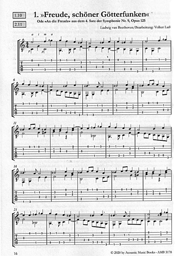 Beethoven, Ludwig van: 25 Masterworks and Easy Pieces für Gitarre solo, Noten und Tabulatur Beispiel