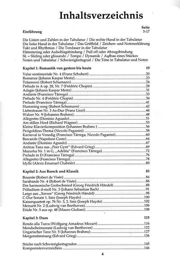 Das Romantische Gitarrenbuch, herausgegeben von David Ryder, Noten und Tabulatur, 35 Stücke für Gitarre aus verschiedenen Jahrhunderten, Inhalt