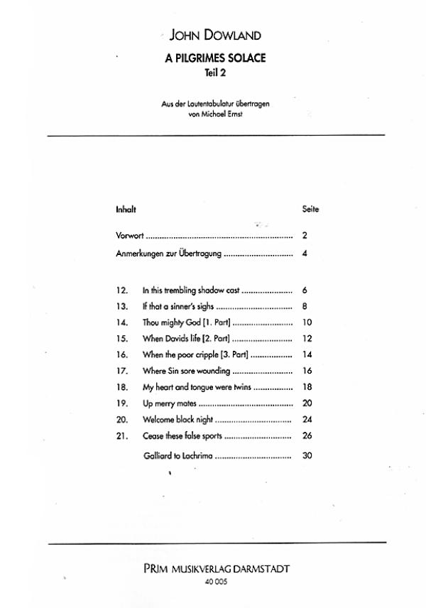 Dowland, John: A Pilgrimes Solace Teil 2, für Gesang und Gitarre aus der Reihe Sämtliche Lieder im Urtext, Noten Inhalt