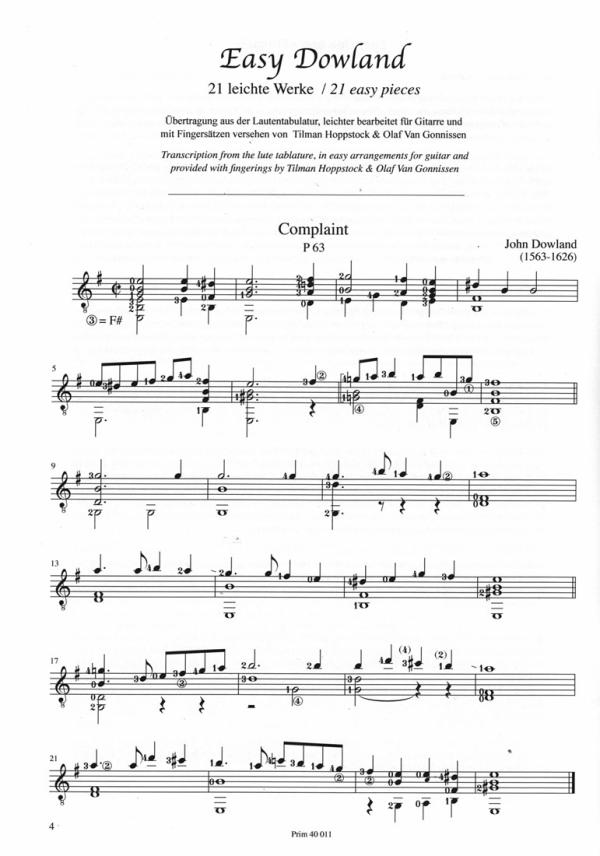 Dowland, John: Easy Dowland, 21 leichte Lautenwerke für Gitarre solo, Noten Beispiel