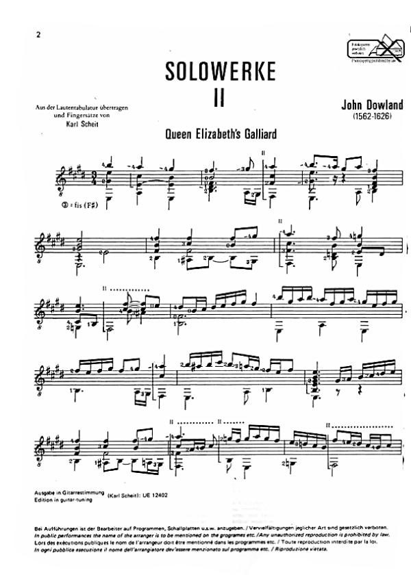 Dowland, John: Solowerke 2 für Gitarre, Karl Scheit Edition, Noten für Gitarre solo Beispiel