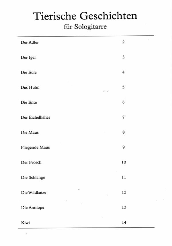 Felger, Jens: Tierische Geschichten - Animal Stories, 13 easy pieces for guitar solo, sheet music content