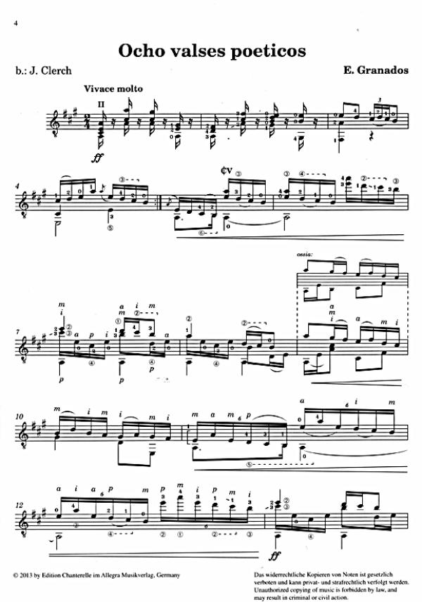 Granados, Enrique: Valses Poeticos and Valses Sentimentales for guitar solo, sheet music sample