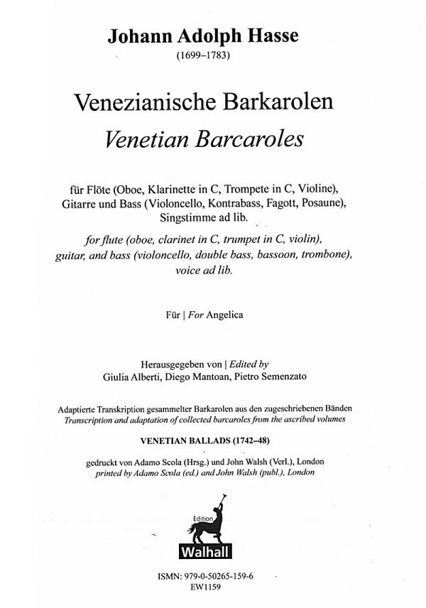 Hasse, Johann Adolph: Venezianische Barkarolen für 1 hohes Instrument, Gitarre und Bass (Singstimme ad lib), Noten