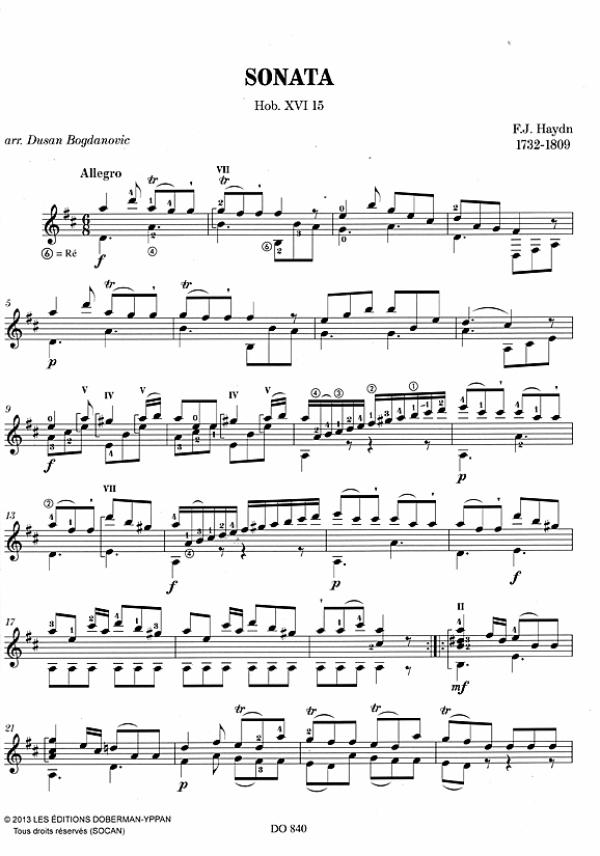 Haydn, Joseph: Sonata Hob. XVI for Guitar solo arranged by Dusan Bogdanovic, sheet music