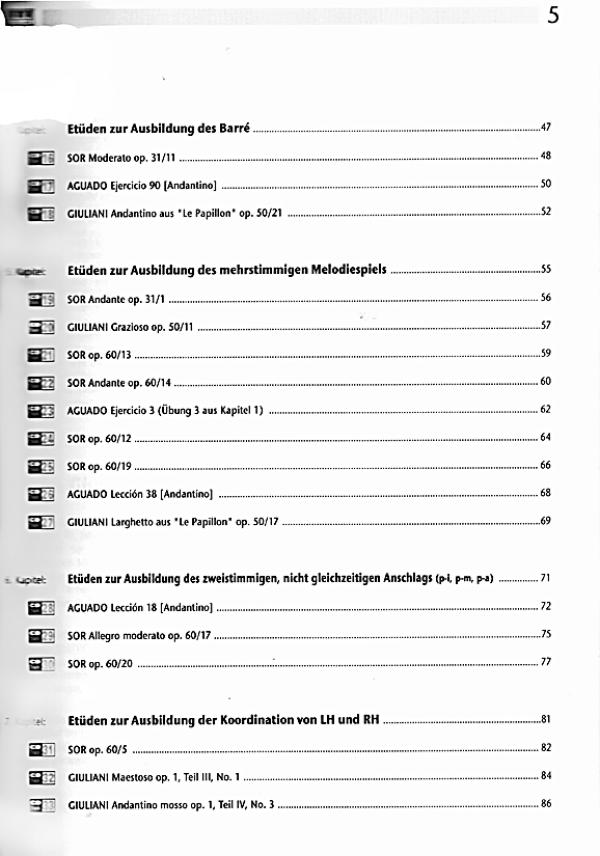 Käppel, Hubert: Die 33 wichtigsten Etüden für die Unterstufe, Gitarrenetüden, Noten Inhalt