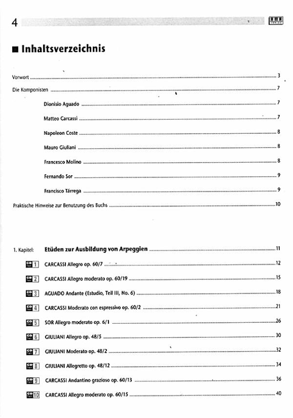 Käppel, Hubert: Die 44 wichtigsten Etüden für die Mittelstufe, Gitarrenetüden, Noten Inhalt