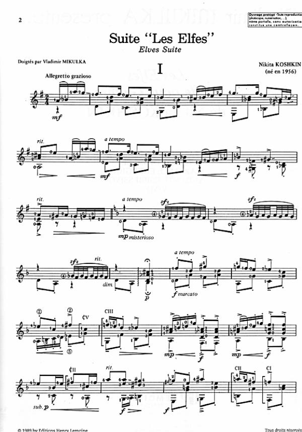 Koshkin, Nikita: Les Elfes für Gitarre solo, Noten Beispiel