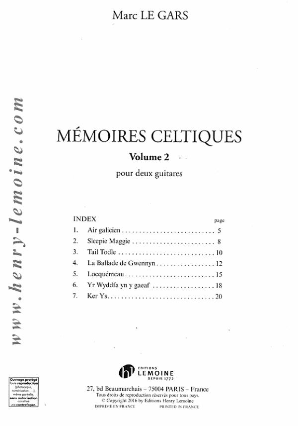 Le Gars, Marc: Memoires Celtiques Vol. 2 for 2 guitars, sheet music for guitar duo content