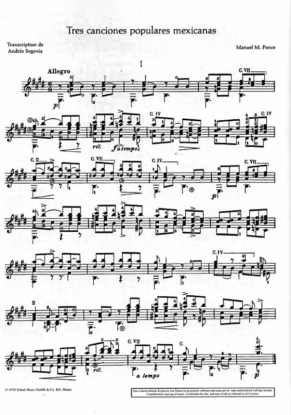 Ponce, Manuel, Maria: 3 Canciones Populares Mexicanas for guitar solo, sheet music sample
