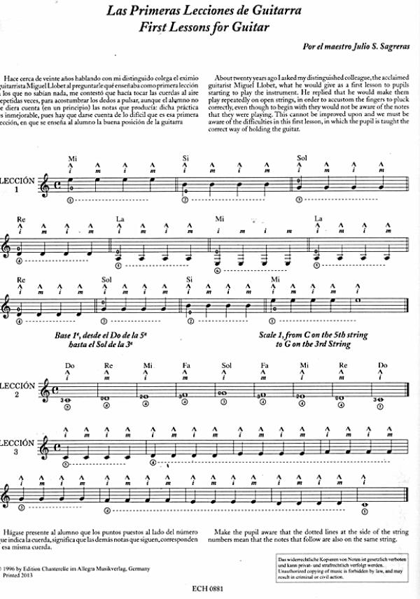 Sagreras, Julio: Guitar Lessons 1-3- Las Primeras, Segundas y Terceras Leciones, Gitarrenschule Band 1 bis 3 Beispiel