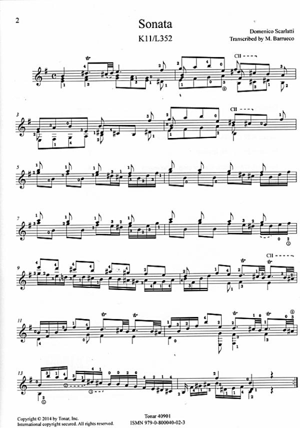 Scarlatti, Domenico: Five Sonatas, K11 K32, K27, K474, K531, arr. Manuel Barrueco, Guitar solo, sheet music sample