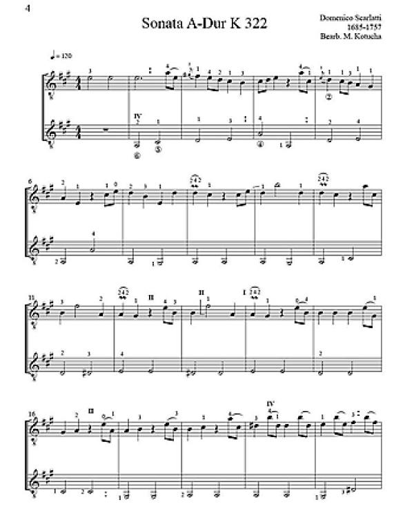Scarlatti, Domenico: Sonata A-Dur, K.322 und K.323 für 2 Gitarren, Noten Beispiel