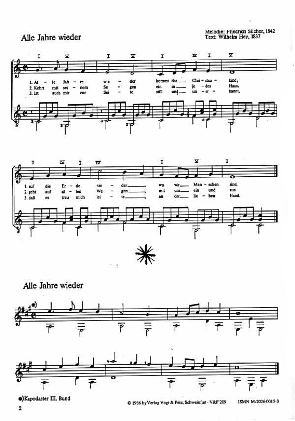 Schindler, Klaus: Alle Jahre Wieder, Weihnachtslieder für Gitarre solo, 1-2 Gitarren oder Gesang und Gitarre, Noten Beispiel