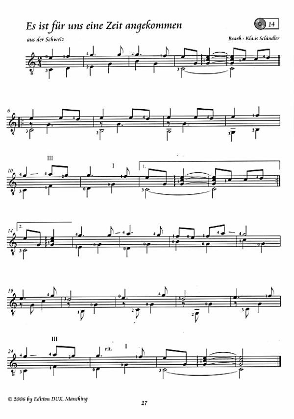 Schindler, Klaus: Stille Nacht, Weihnachtslieder für Gitarre solo oder Duo, Noten Beispiel