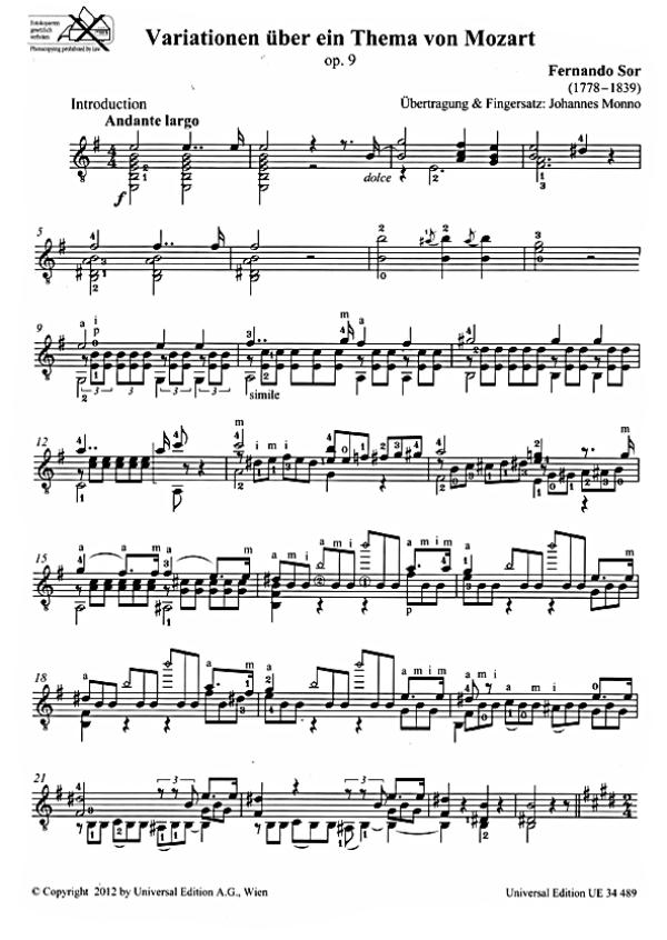 Sor, Fernando: Variations on a Theme by Mozart op. 9 for solo guitar, sheet music sample
