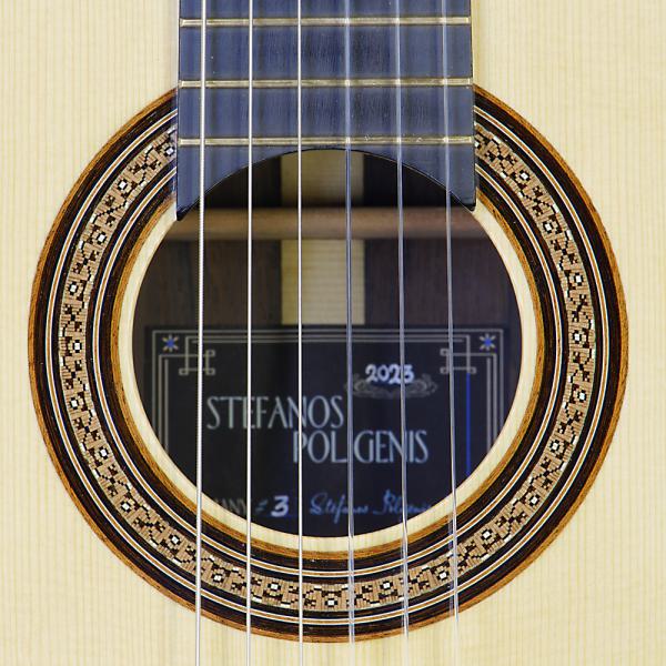 Stefanos Poligenis, luthier guitar, double top lattice, spruce, Madagascar rosewood, scale 65 cm, built in 2023, rosette, label